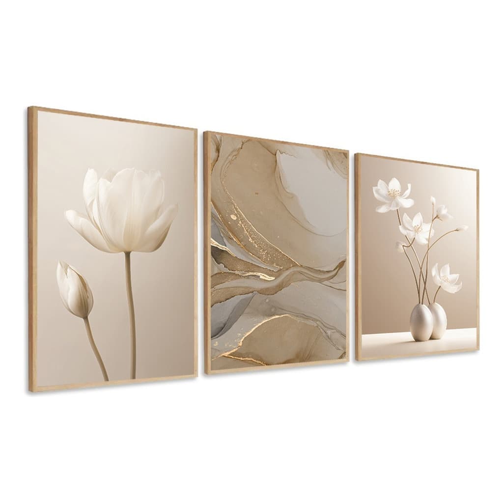 Kit 3 Quadros Decorativos Abstrato Flores Bege
