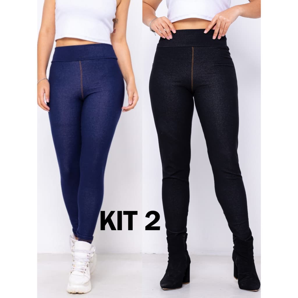 2 PEÇAS Calça Jeans Fake Feminina Legging Cos Alto com Bolso Confortável M G GG EXTRA