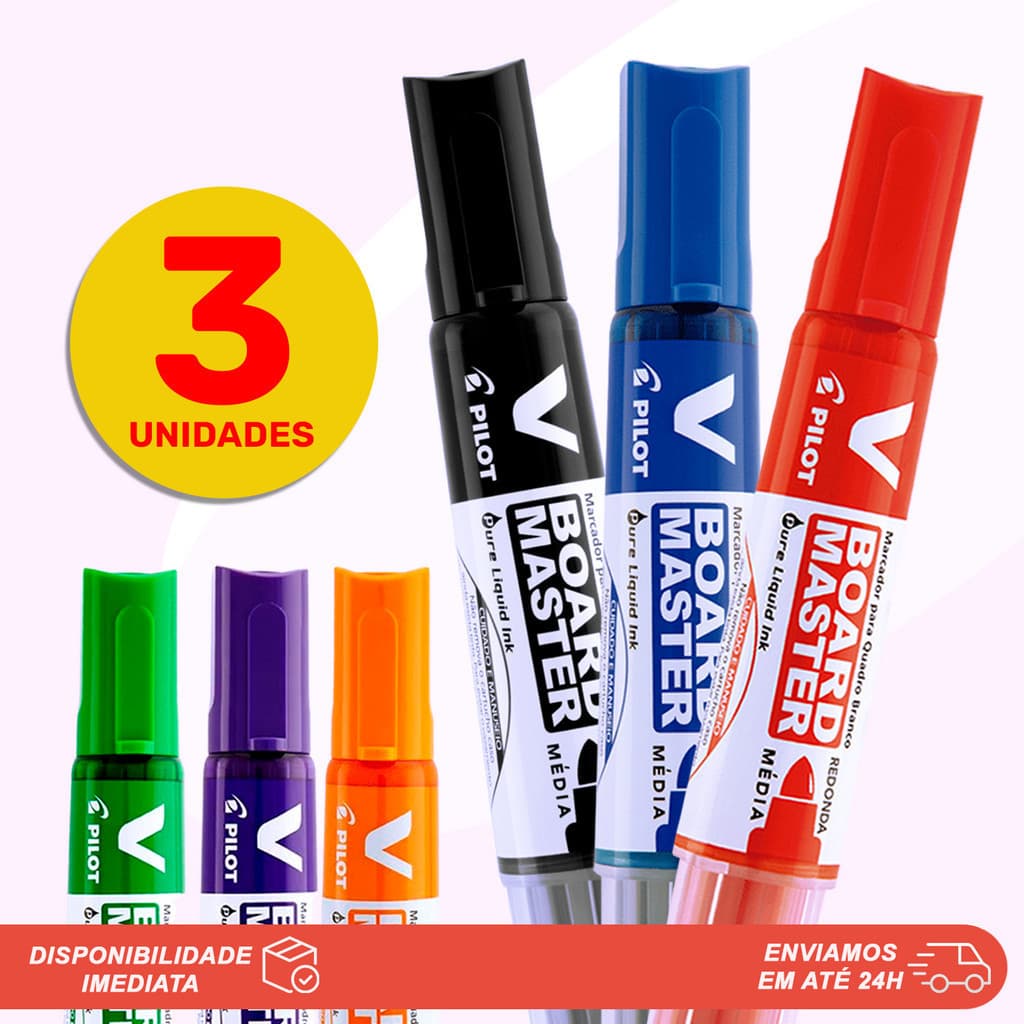 03 Marcadores WBMA V-Board Master Recarregáveis Canetão Para Quadro Branco Pilot