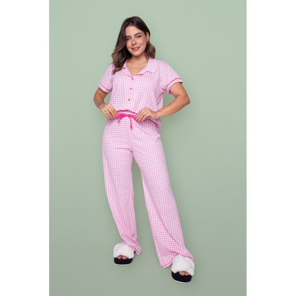 Pijama Americano Blogueirinha Blusa Manga Curta Com Calça Botões Xadrez Rosa