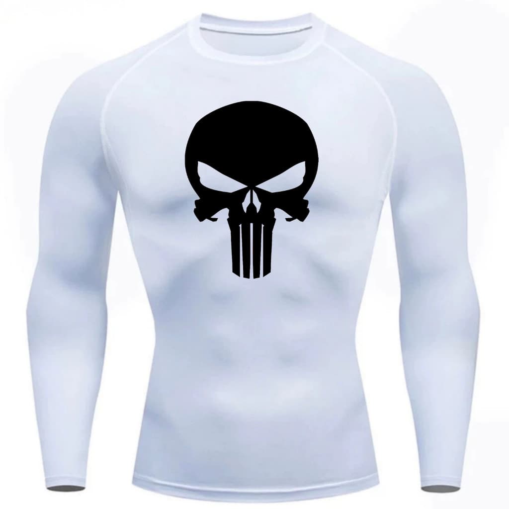Camisa Compressão Proteção Uv 50+ Estampada Tecido Gelado Segunda Pele Manga Longa Símbolo Justiceiro Caveira Rash Guard