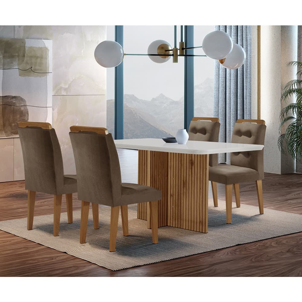 Sala de Jantar Mesa Olímpia 120CM MDF Canto Copo com 4 Cadeiras Carol Moderna