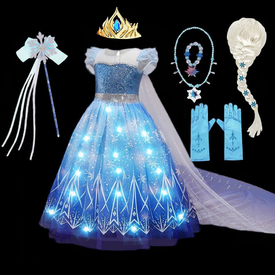 Elsa Role Playing Dress Light Up Kids Halloween Vestuário De Carnaval Congelado Meninas Aniversário Princesa Vestidos