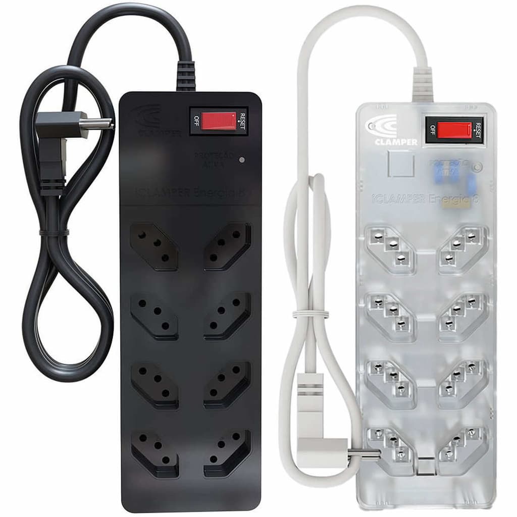 DPS Clamper Energia 8 LCF 10A Bivolt 8 Tomadas c/ 3 Pinos Com Chave Disjuntor iClamper