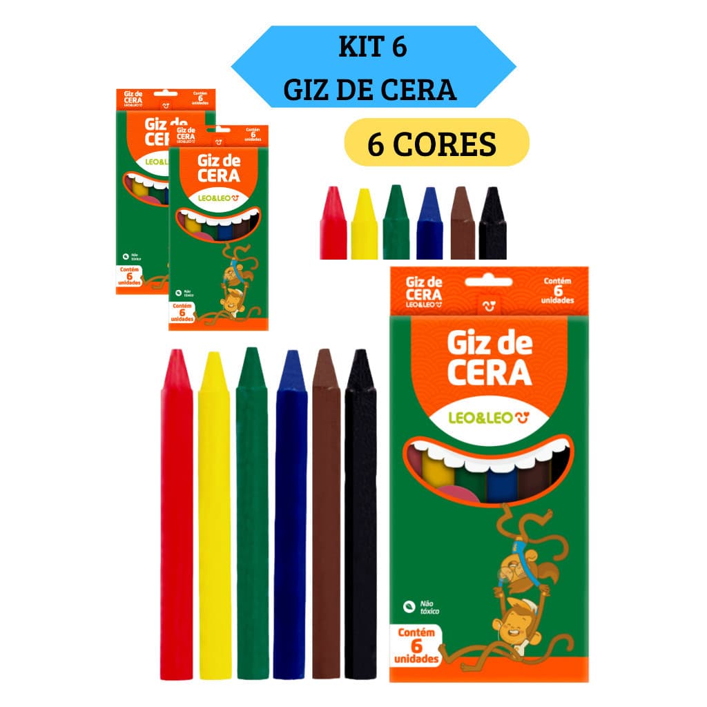 Kit 6  Caixas Giz de Cera Fino 88mm Caixa com 6 Cores Leo&Leo