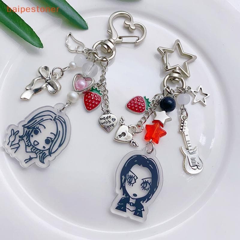 [baipestoner] Y2K Nana Hachi Chaveiros Desenhos Animados Morango Baixo Frisado Chaveiro Moda Feminina Bolsa Pingente Câm
