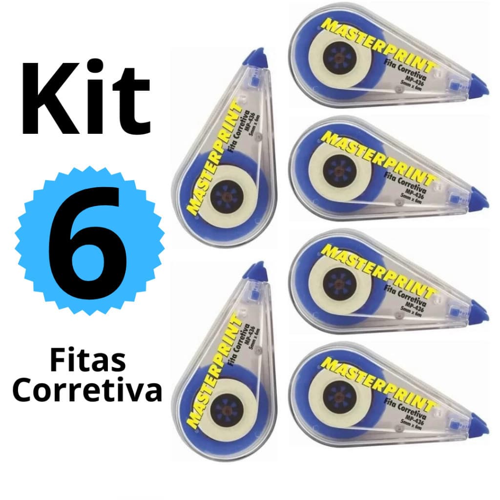 Kit 6 Fitas Corretiva 5mm x 6m Secagem Imediata Corretivo em Fita Masterprint