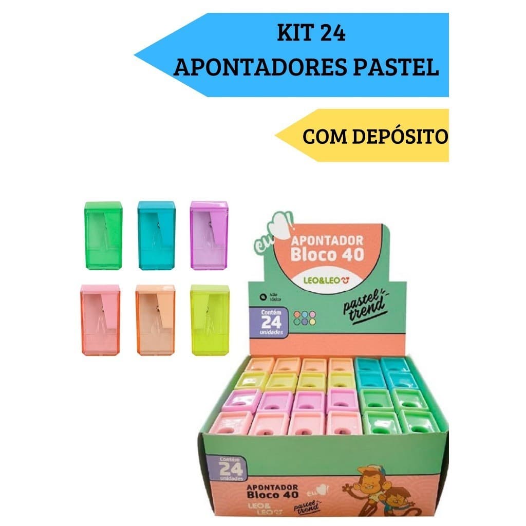 Kit 24 Apontadores Com Depósito Bloco 40  Pastel Trend Escolar Escritório Leo&Leo