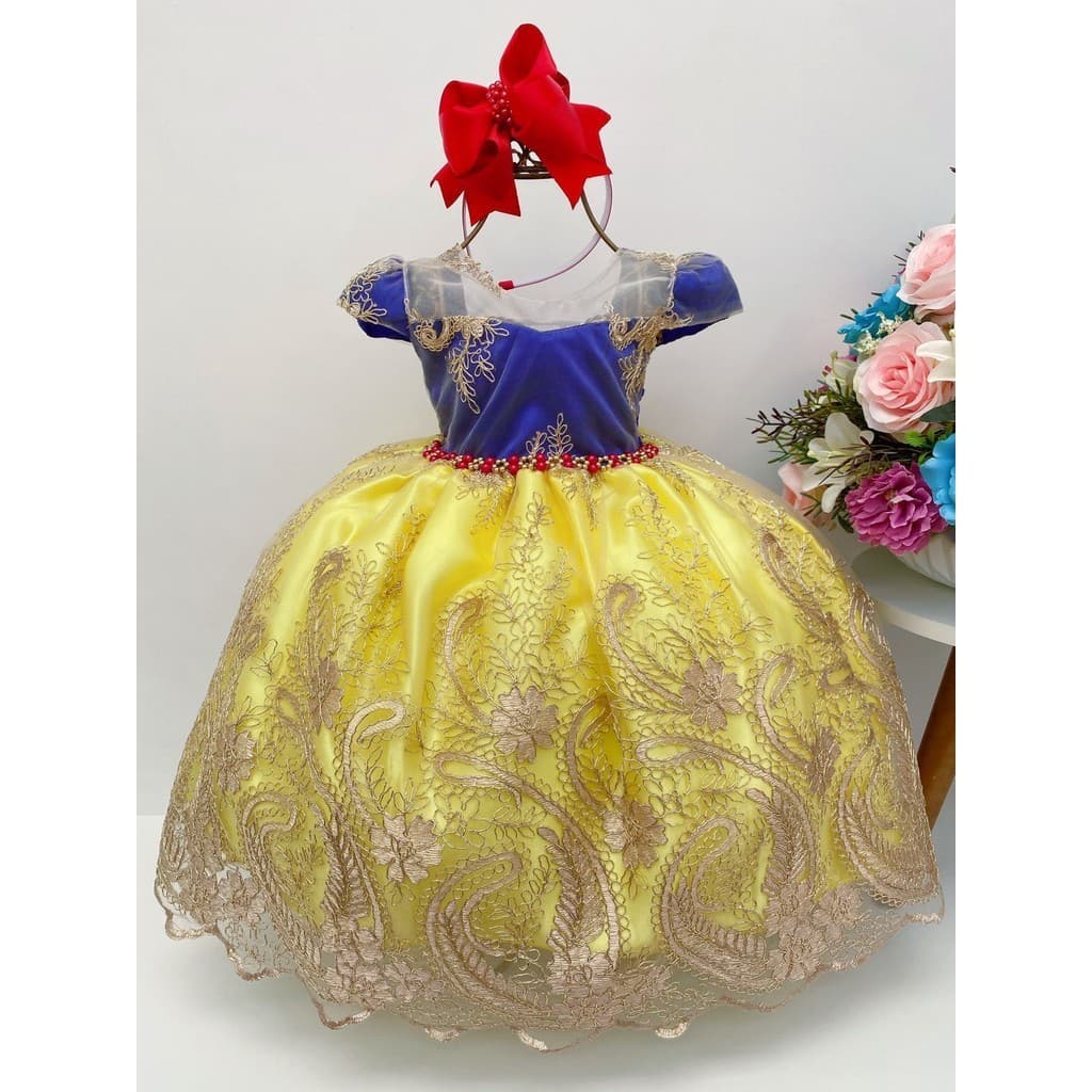 Vestido branca de neve rendado princesa festa infantil luxo
