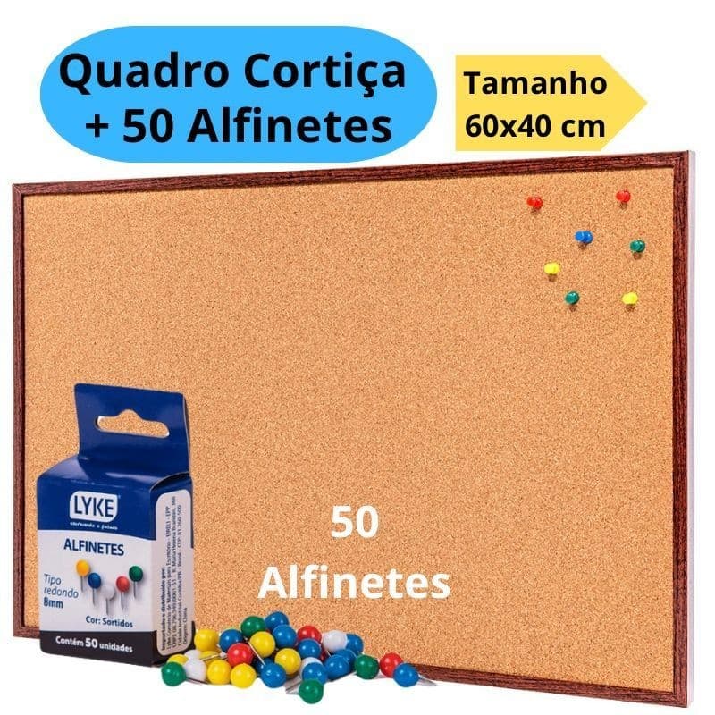 Quadro De Aviso Cortiça 60x40cm Moldura Madeira + 50 Alfinetes Mural Fotos Lembretes
