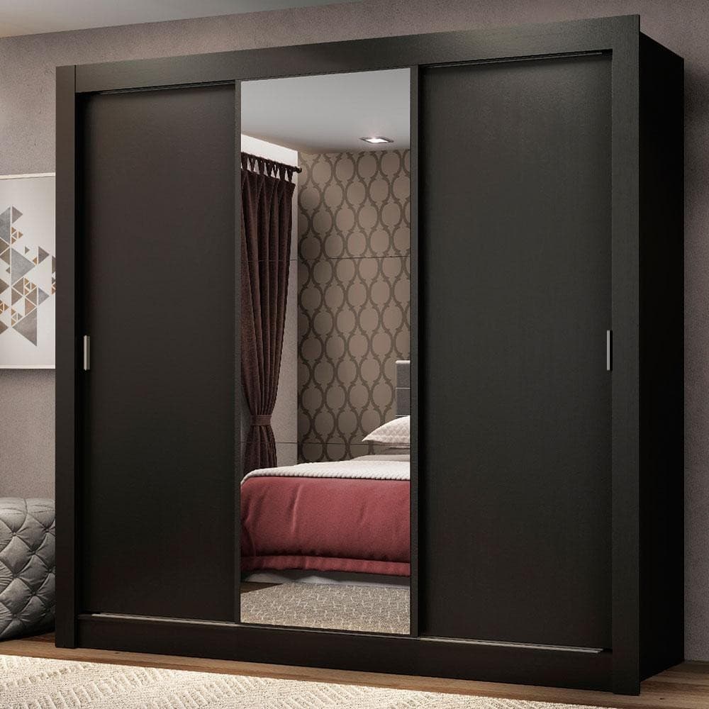 Guarda Roupa Casal 3 Portas de Correr com Espelho Preto Madesa Mônaco