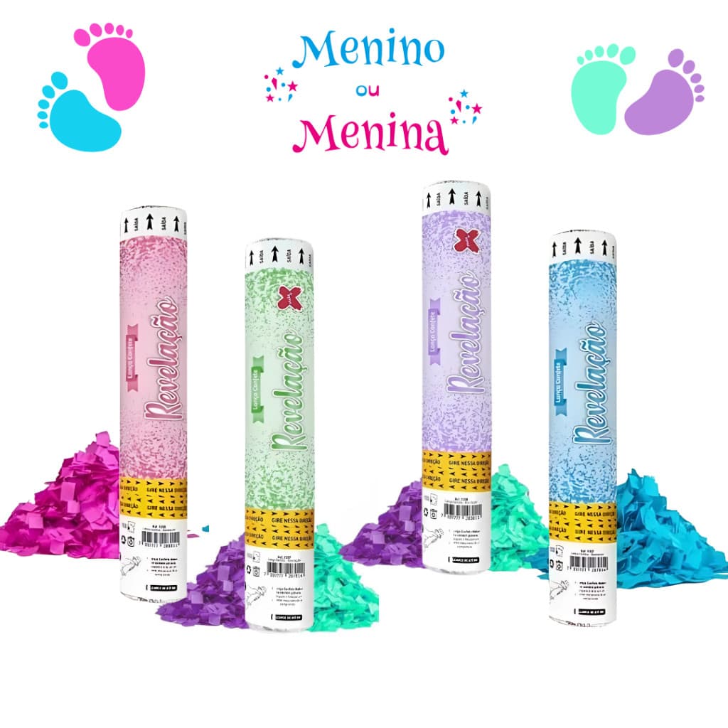 Kit 2 Unidades Lança Confetes Chá Revelação bebê Azul Rosa Verde Menino e Menina