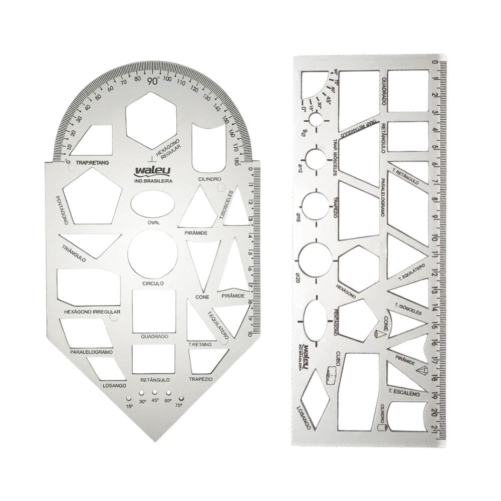 Kit Régua Escolar Gabarito Para Geometria + Formas Geométricas Cristal - Waleu