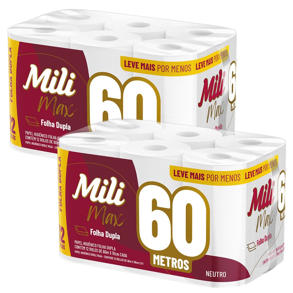 Kit 2 Pacotes Papel Higiênico Folha Dupla Mili 12 Rolos com 60 Metros Max Neutro / Super Macio -  Kit 1,440 Km de Papel