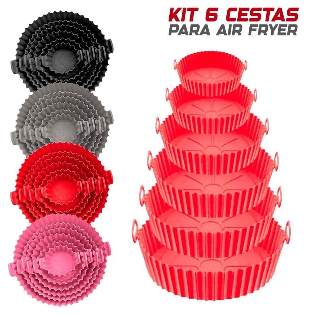 Kit 6 Formas de Silicone Para Air Fryer Reutilizável Tamanho Variado Protetor Assadeira Com Alça