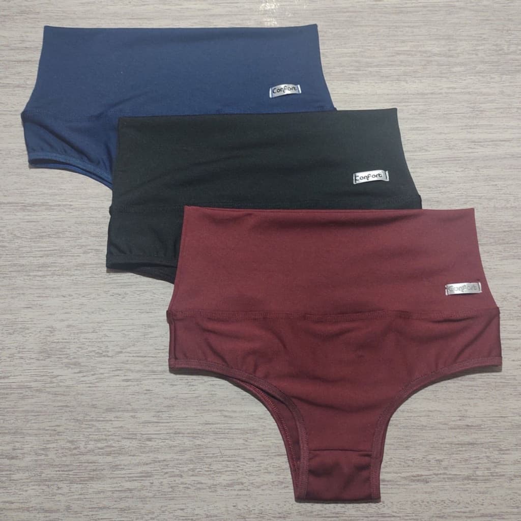 Kit com 3 Calcinhas Cós Alto Lisas Lingerie