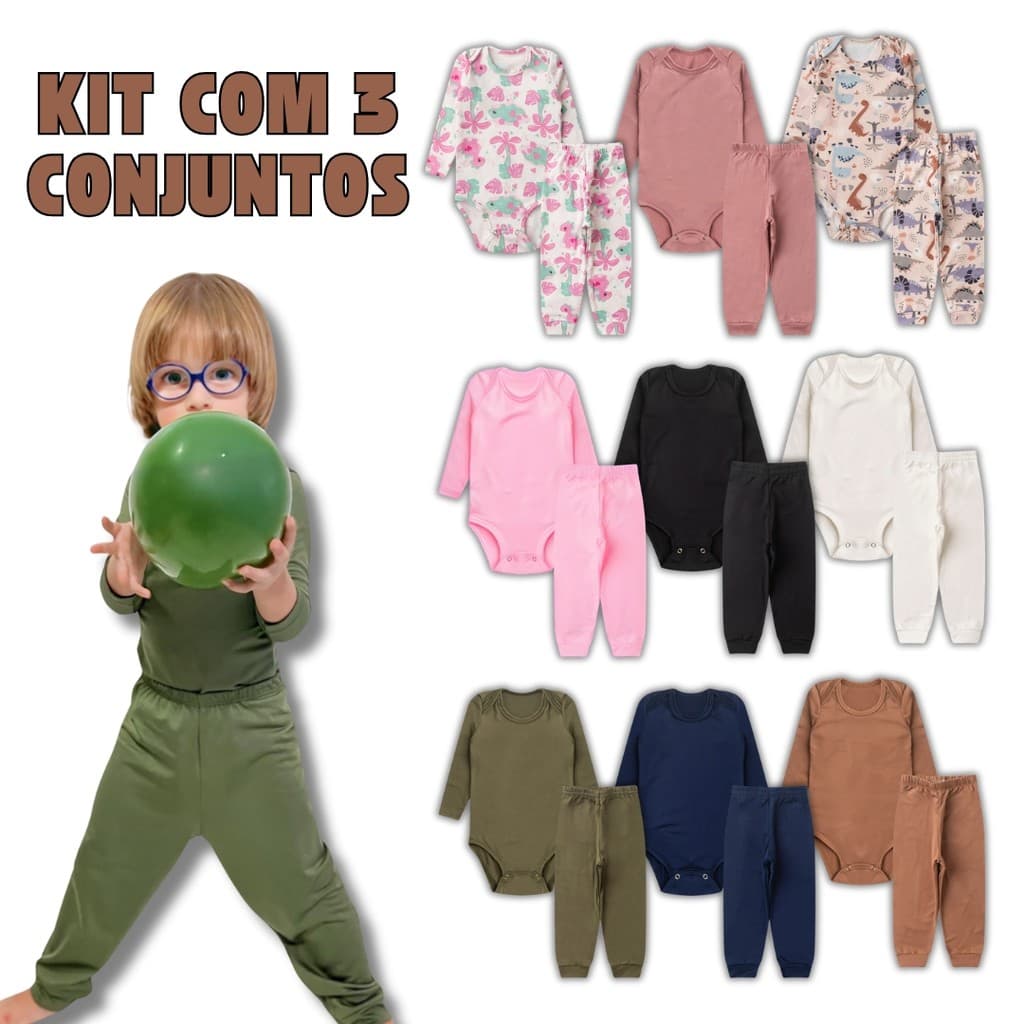 Kit 6 Peças Conjunto Térmico 3 Bodys + 3 Calças Infantil para Bebe Menino e Menina Peluciado Inverno