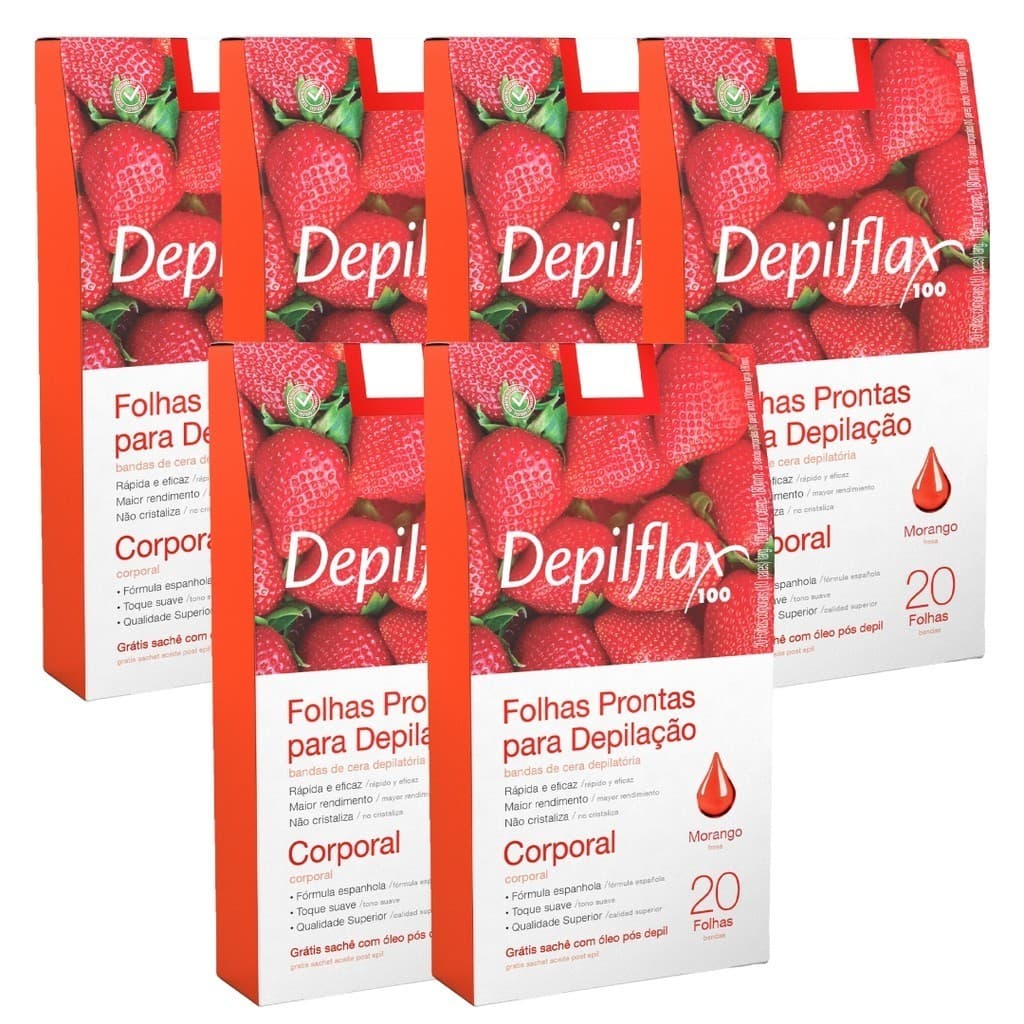 Kit 6 Caixas Folhas Prontas Cera Depilatória Depilação Corporal Depilflax Morango
