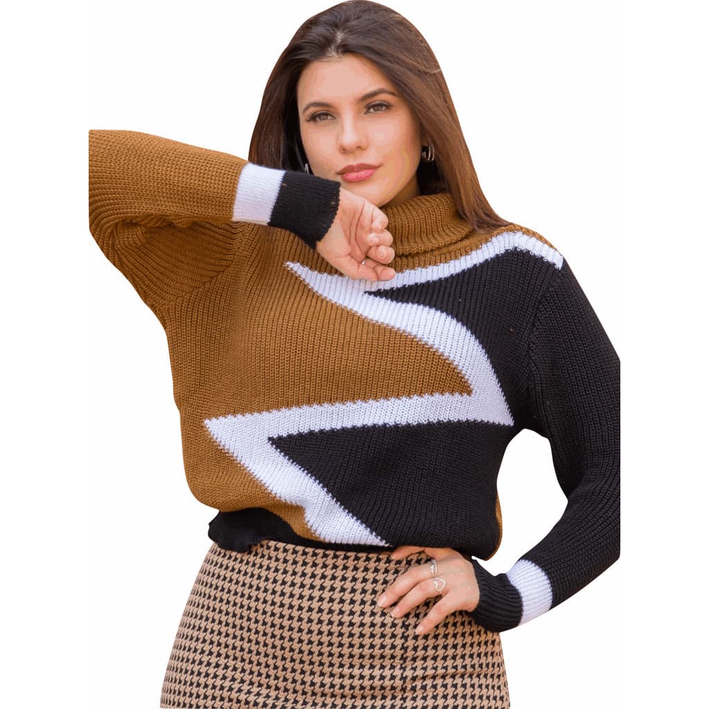 Blusão da Moda Tricô Listado Grosso Gola Boba Feminina Roupa de Inverno