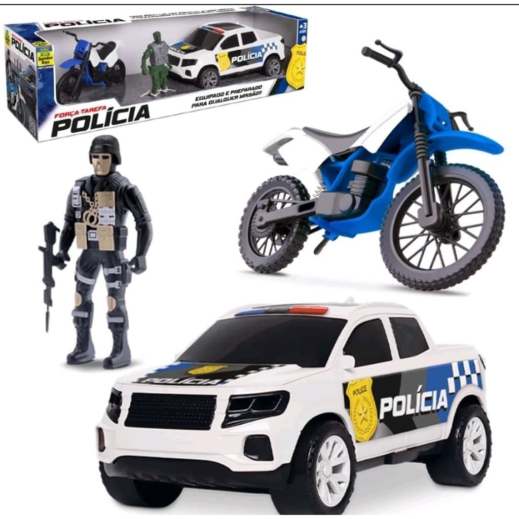 Carro Pick-Up Roda Livre Com Boneco + Moto Policia Força Tarefa - Samba Toys -