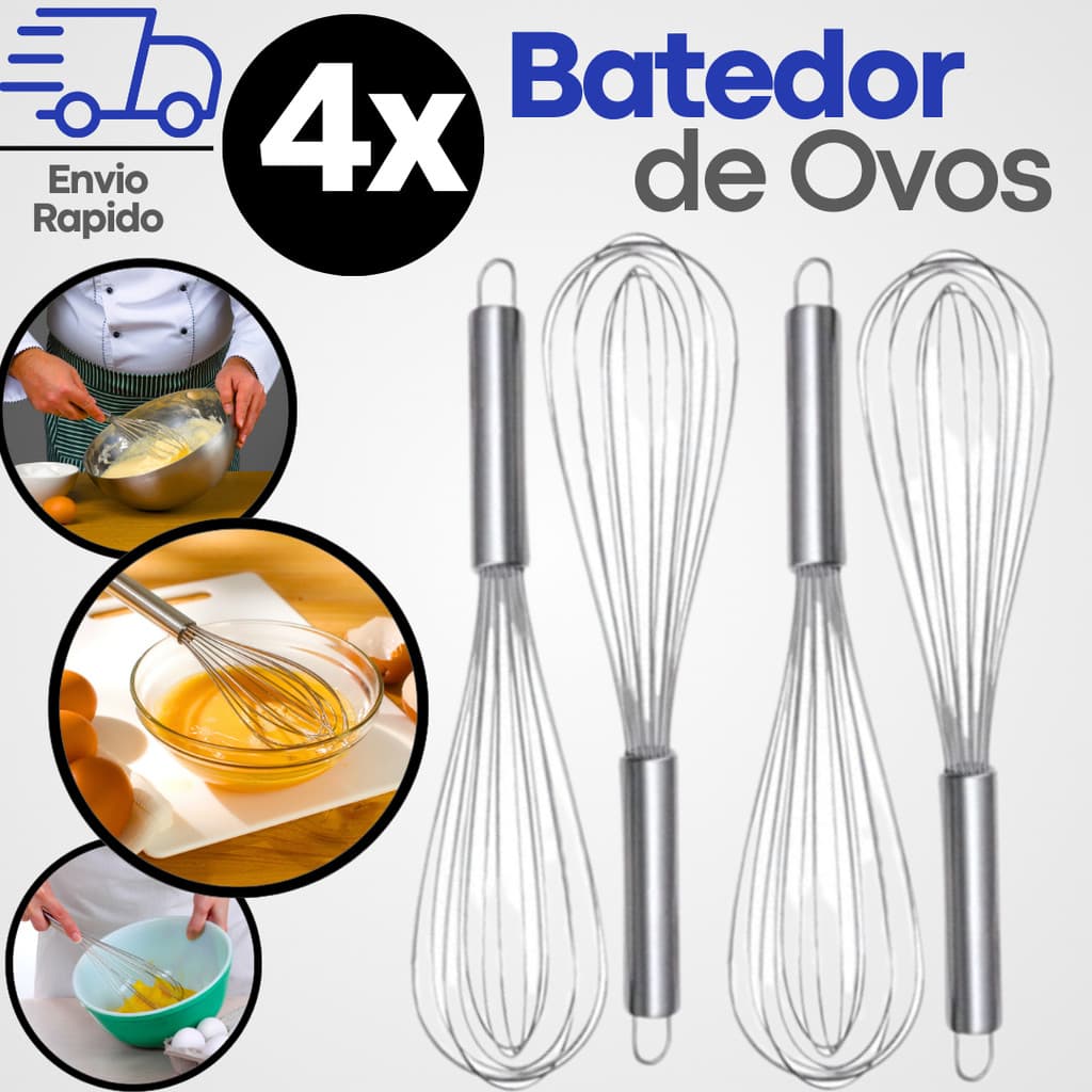 Batedor de Ovos Massas Fuet/ Fouet Inox 25cm KIT 4