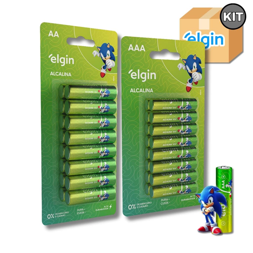 Kit Pilha Elgin Alcalina AA Comum ou AAA Palito Blister com 16 ou 32 Unidades