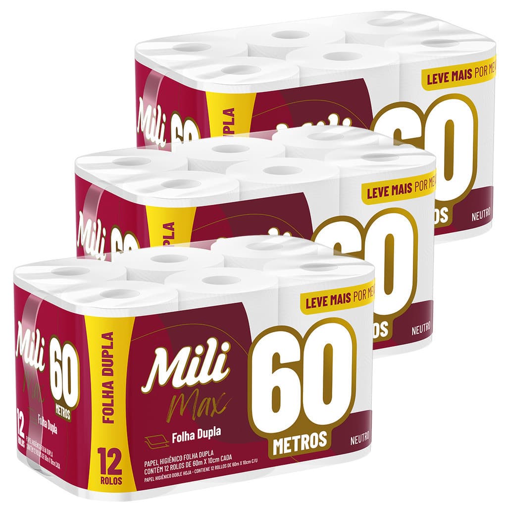 Kit 3 Pacotes Papel Higiênico Folha Dupla Mili 12 Rolos com 60 Metros Max Neutro  -  Kit  2160 Metros de Papel