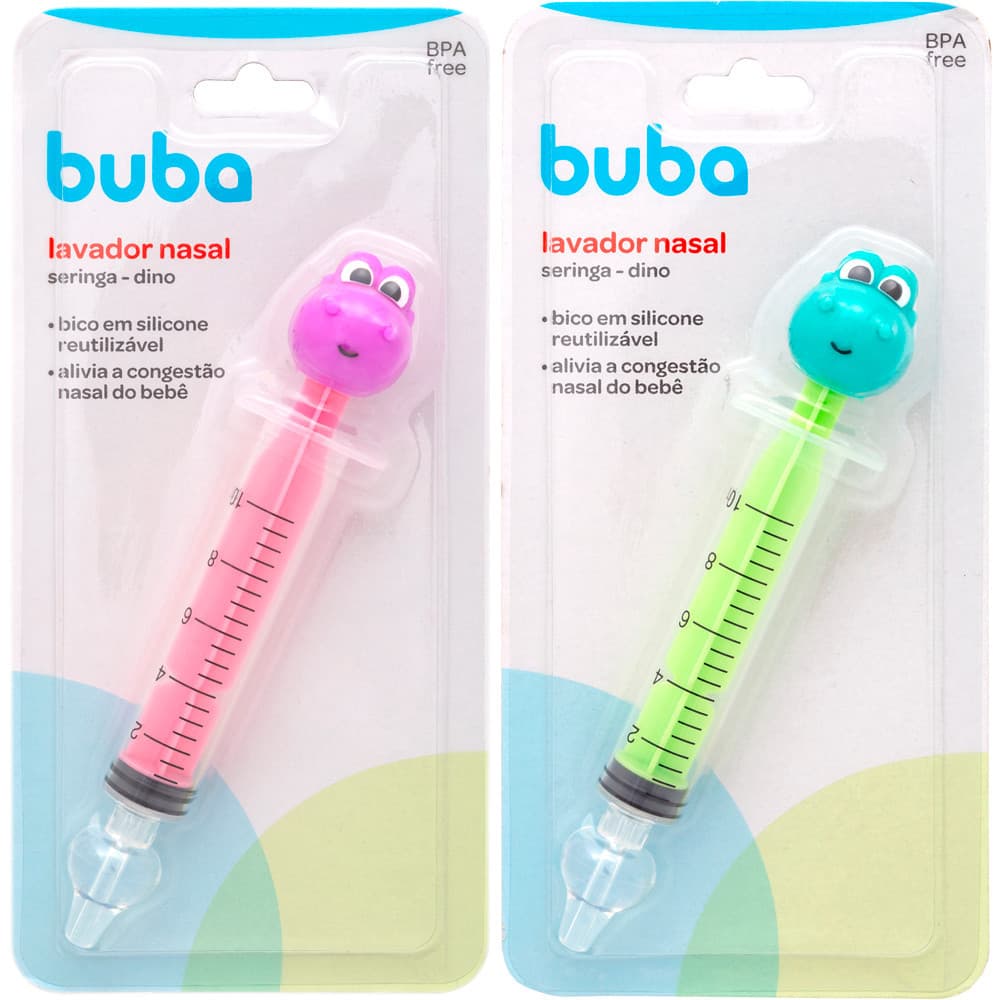Seringa Lavagem Nasal Infantil Bebê Ponta Em Silicone Macio Lavador Sinusite Dino Verde e Rosa Buba