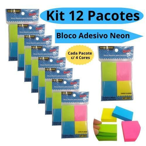 Kit 12 Blocos Adesivo Neon para Anotações 4 cores 12 Unidades Masterprint