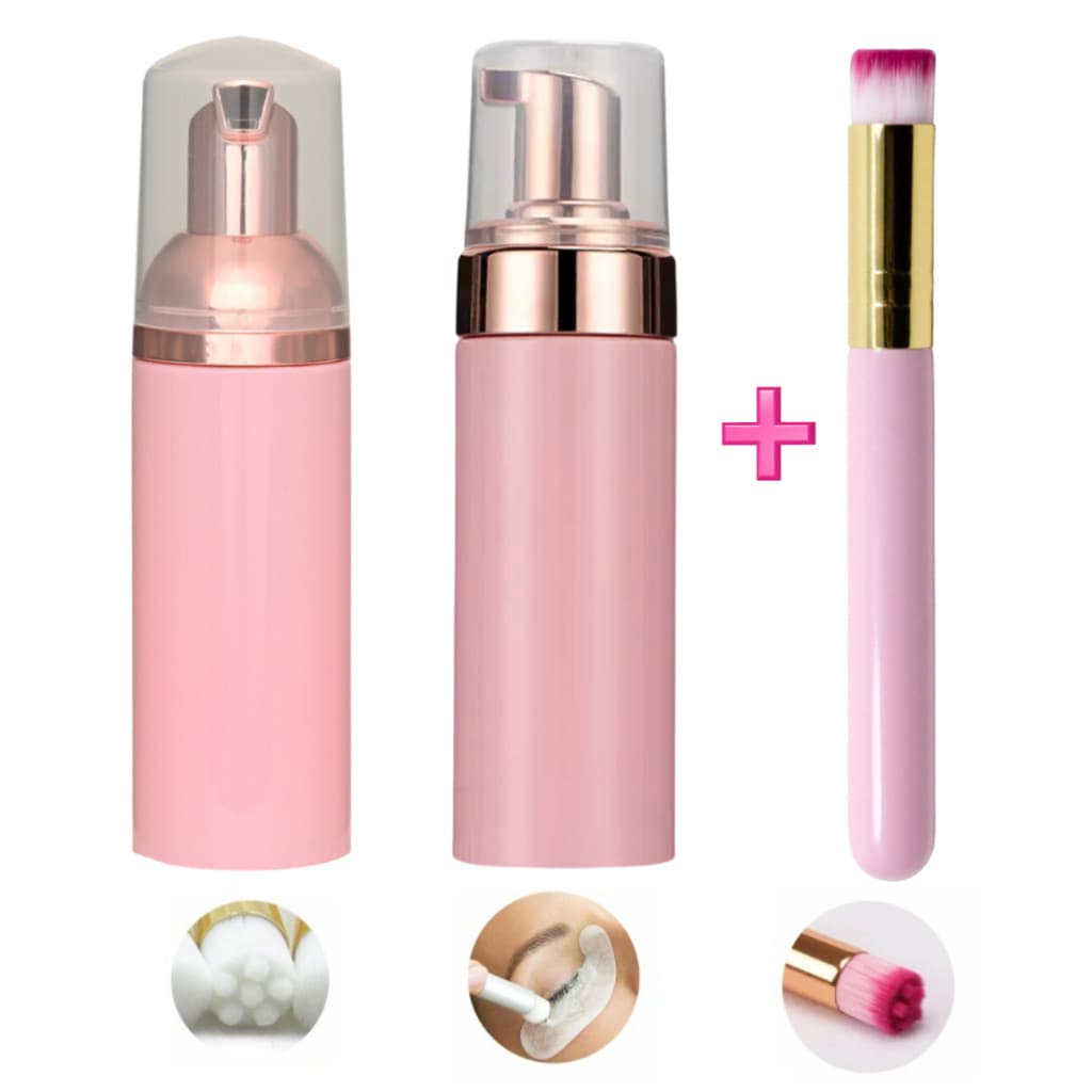 Kit Pump Espumador 60ml Rosa + Pincel de Limpeza Alongamento Extensão Cilios Rose Gold