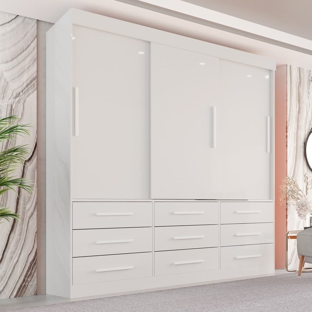 Guarda-Roupa Casal 3 Portas 9 Gavetas Luana  Branco