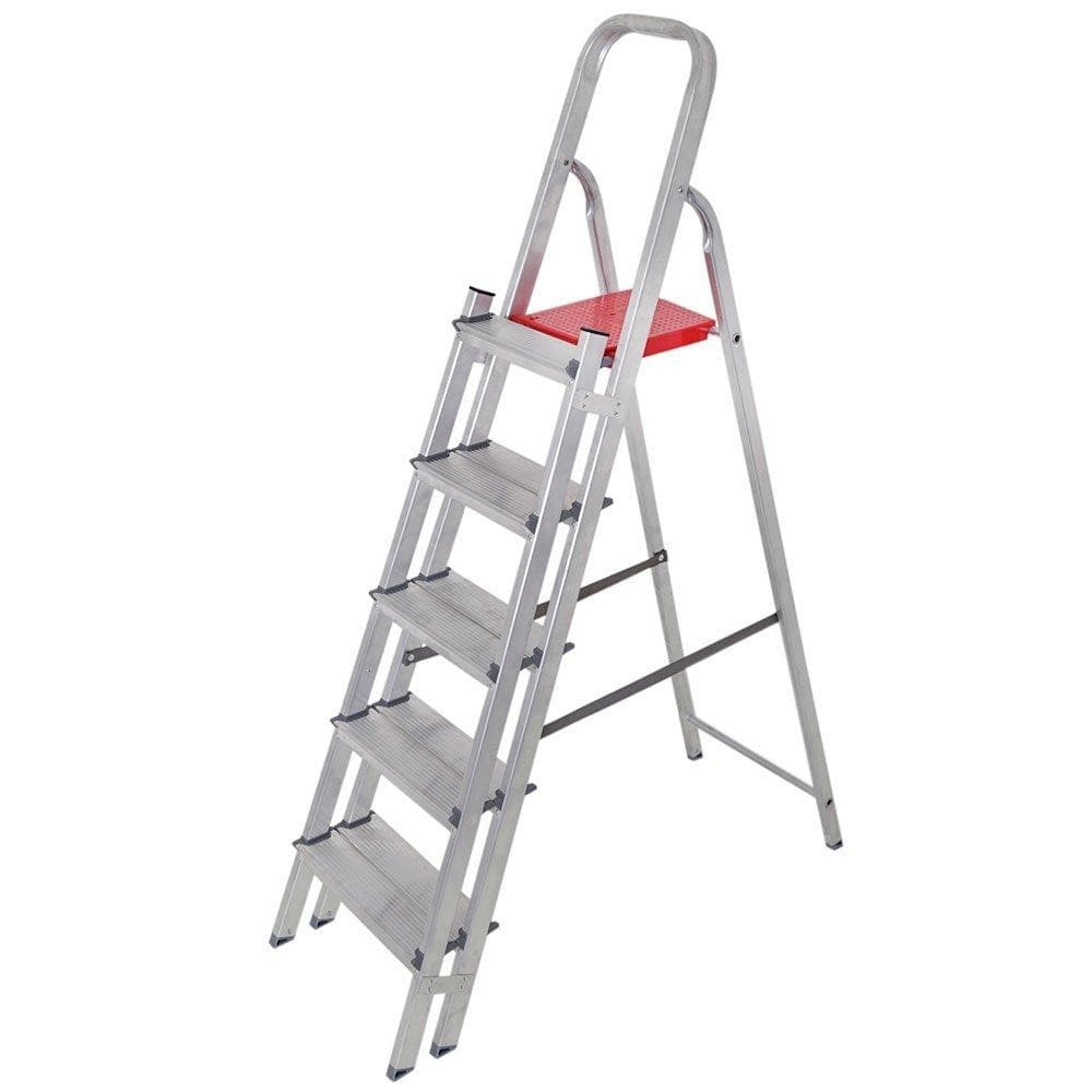 Escada Suporta 120kg Alumínio 5 Degraus 1,53m Pés Antiderrapantes Degraus Corrimãos Duplos - REISAM