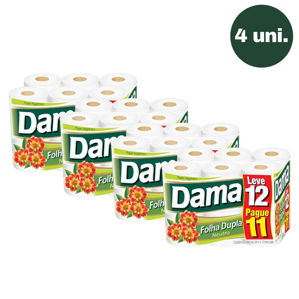 Kit 4 Pacotes Papel Higiênico Dama Folha Dupla Neutro 12 Rolos 30m