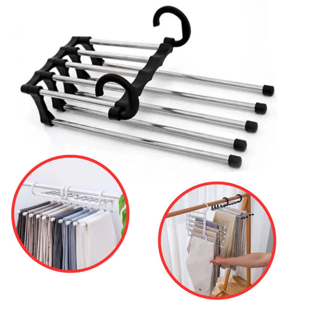 Cabide 5 em 1 Retrátil Multifuncional Organizador Aço Calças Jeans Guarda Roupas