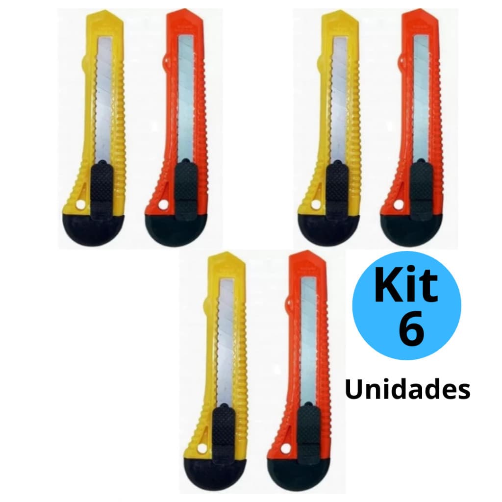 Kit 6 Estilete Grande Largo Lâmina 18MM  Escolar Escritório Masterprint