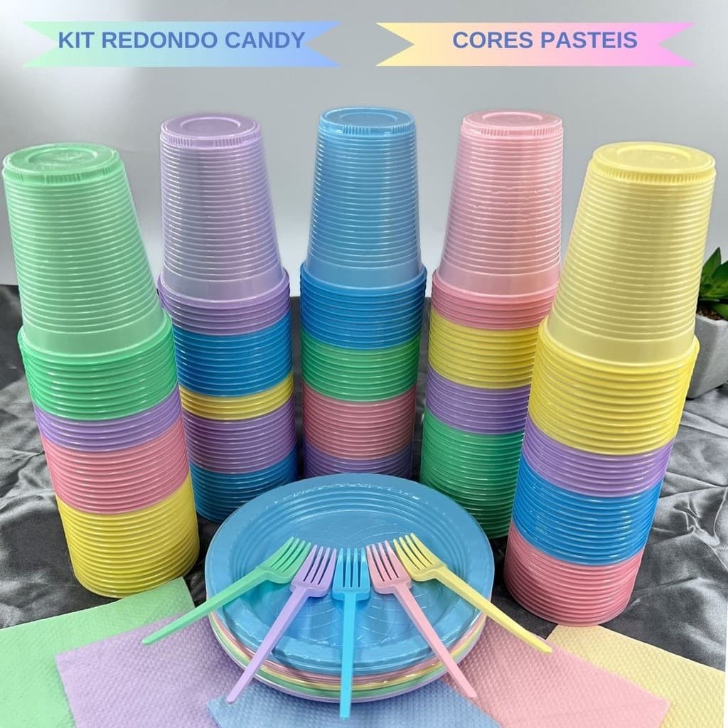 Kit Completo 200 Itens Festa Aniversário Candy Descartável Pratinho Copo Garfo Guardanapo Cor Pastel
