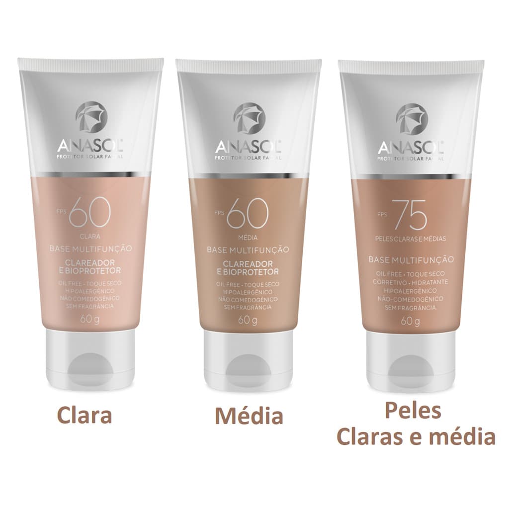 Protetor Solar Facial Com Cor Média ou Clara  Base Multifunção Clareador FPS 60 ou 75 Vegano  Anasol 60g