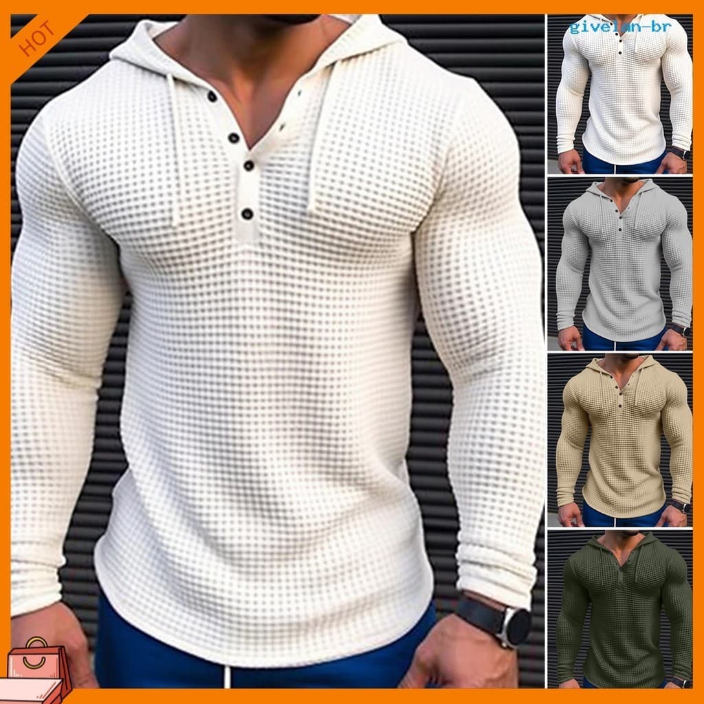 [Camisa De Camisola De Mola De Outono Para Homens Camiseta Sólida Cor Slim Fit Manga Longa Casual Pullover Top Com Capuz
