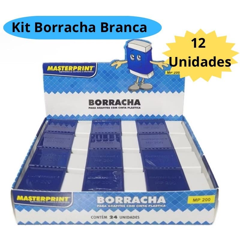 Kit 12 Borracha Branca Com Capa Azul 12 Unidades Escolar Escritório Masterprint