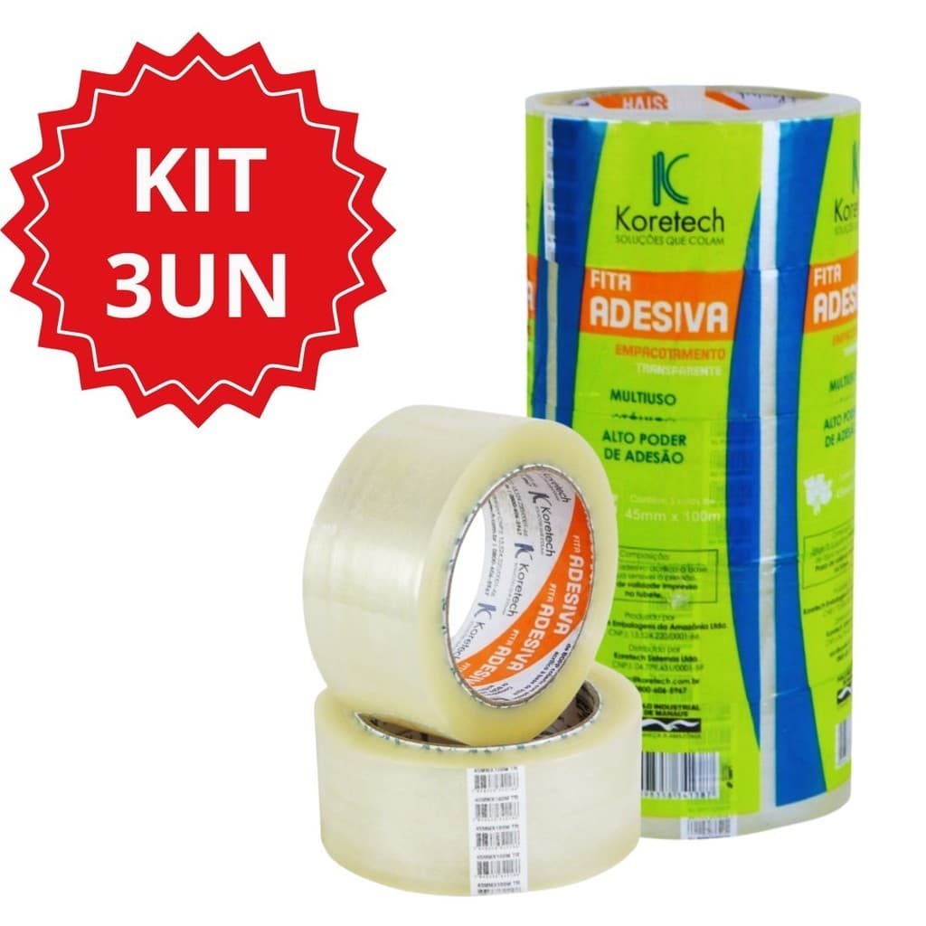 Kit 3 Fita Adesiva Transparente 45x45 Koretech Filme Plastico Colagens Simples Fechamento de Caixas