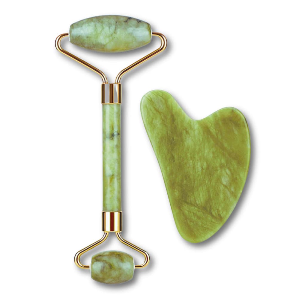 Kit Rolo Massageador Facil Pedra Jade + Gua Sha Pedra De Jade Anti Rugas
