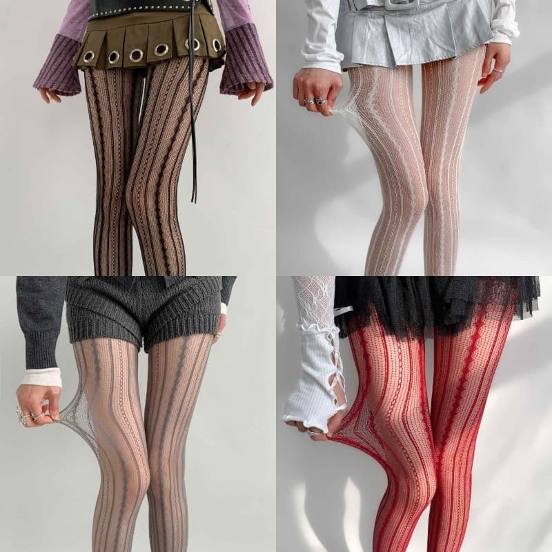 Meias-Calças Sexy De Renda Oca Sólidas Vintage Rhombus Riscadas Geométricas Jacquard Fishnet Leggings