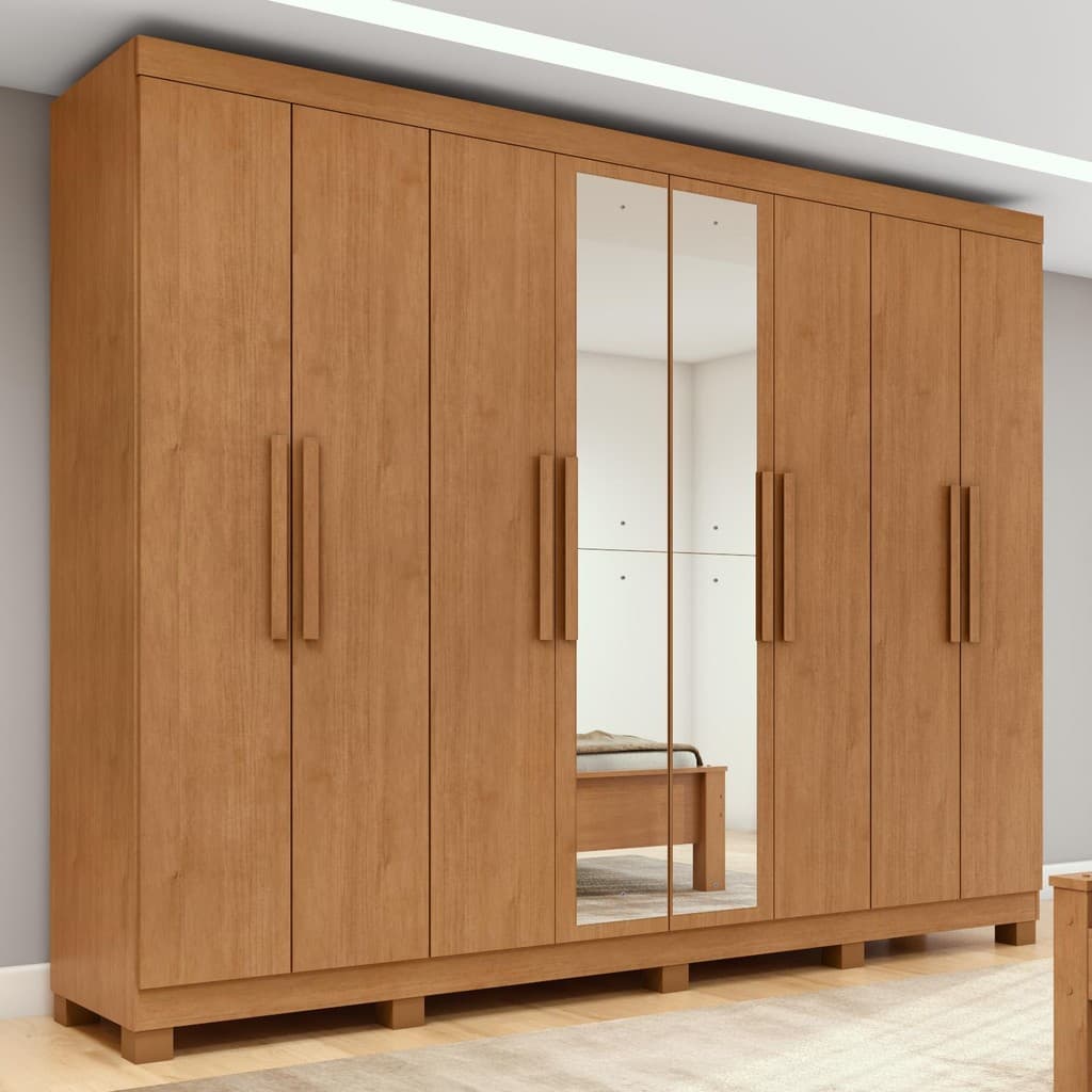 Guarda-roupa Casal Easy Slim 8 Portas Com Espelho e Pés Amendoa Clean