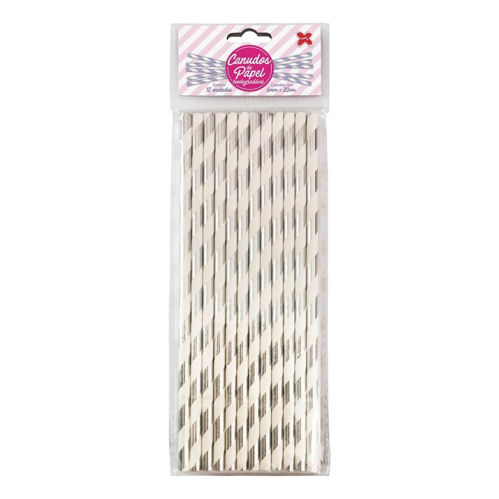 Canudo de Papel Metalizado Listra Branco e Prata Laminado 6mmx200mm - 4300 - 12, 24, 36, 48 ou 60 unidades