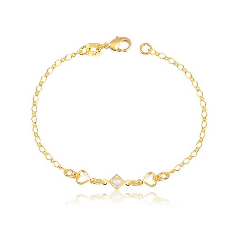 Pulseira Banho de Ouro 18K Infantil Elos Corações Vazados com Losango e Detalhe em Pérola (15cm + 3cm)