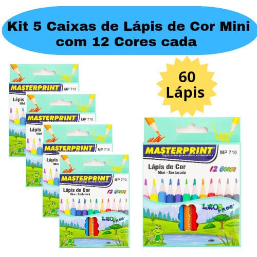 Kit 5 Caixas de Lápis de Cor Mini Caixa com 12 Cores cada Sextavado Escolar Masterprint