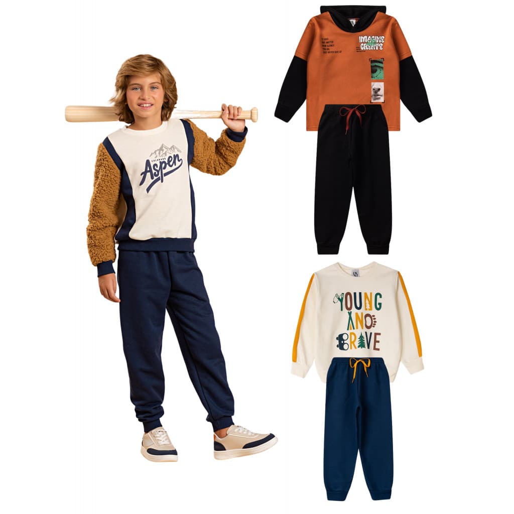 Kit Sortido 2 Peças de Roupas Infantis Masculino Inverno - 1 Casacos + 1 Calças