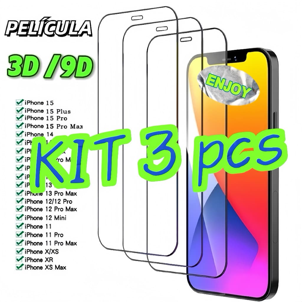【OFERTA】Película de Vidro Temperado 3D para iPhone 16 15 14 13 12 11 Pro Max HD Transparente 9H