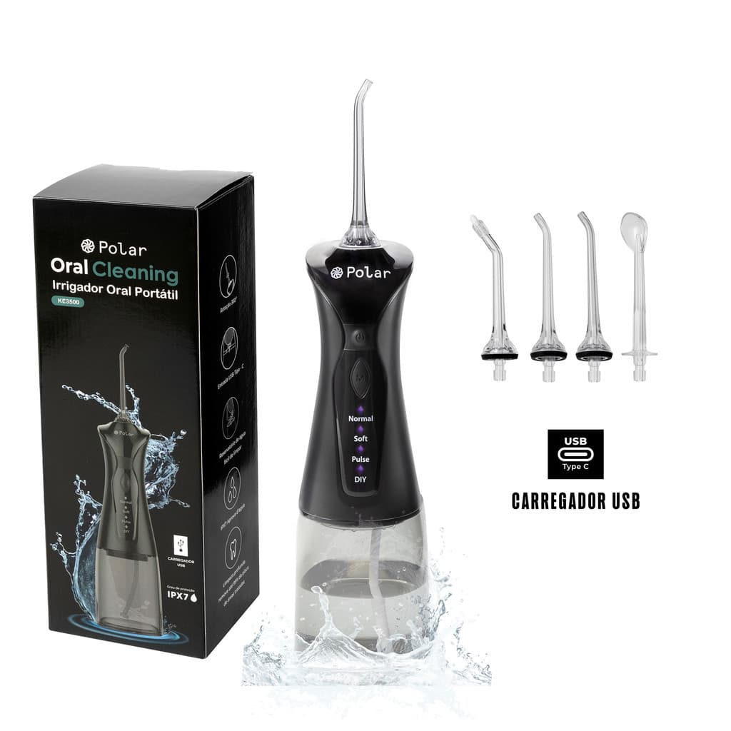 Irrigador Oral Portátil de Limpeza Bucal Waterpick Preto Polar