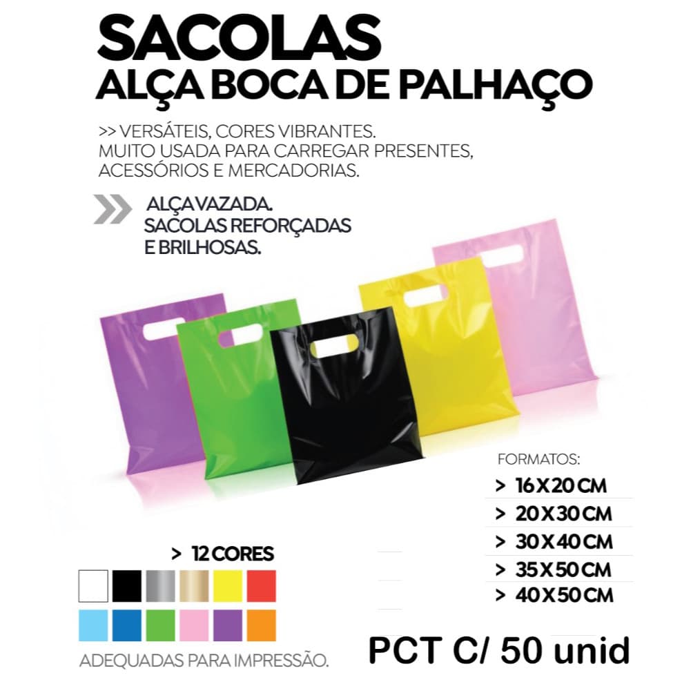 Sacola Boca de Palhaço Premium - Pacote C/ 50 Unidades - Diversas Cores e Medidas